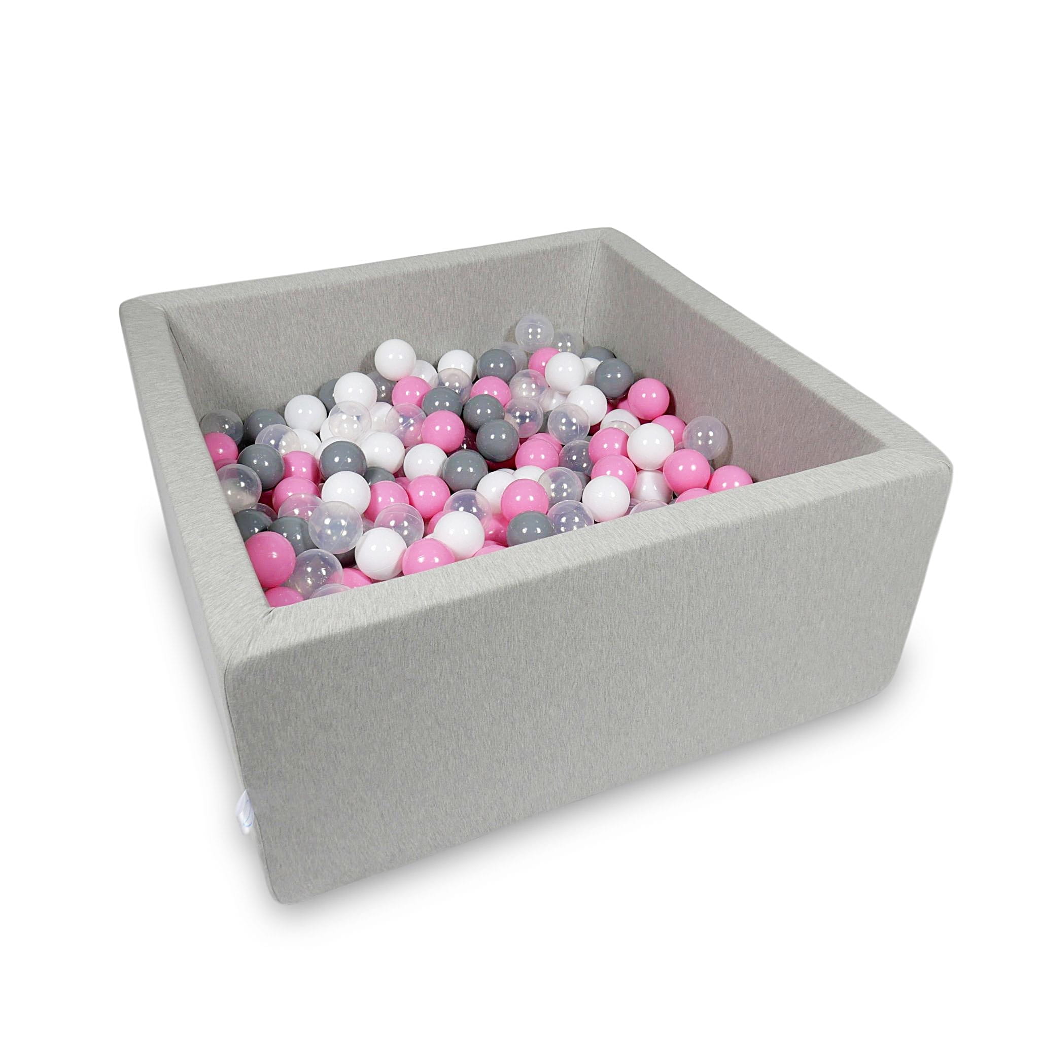 Ball Pit 90x90x40cm light gray with balls 400pcs: transparent, white, gray, powder pink Bubblepools.eu