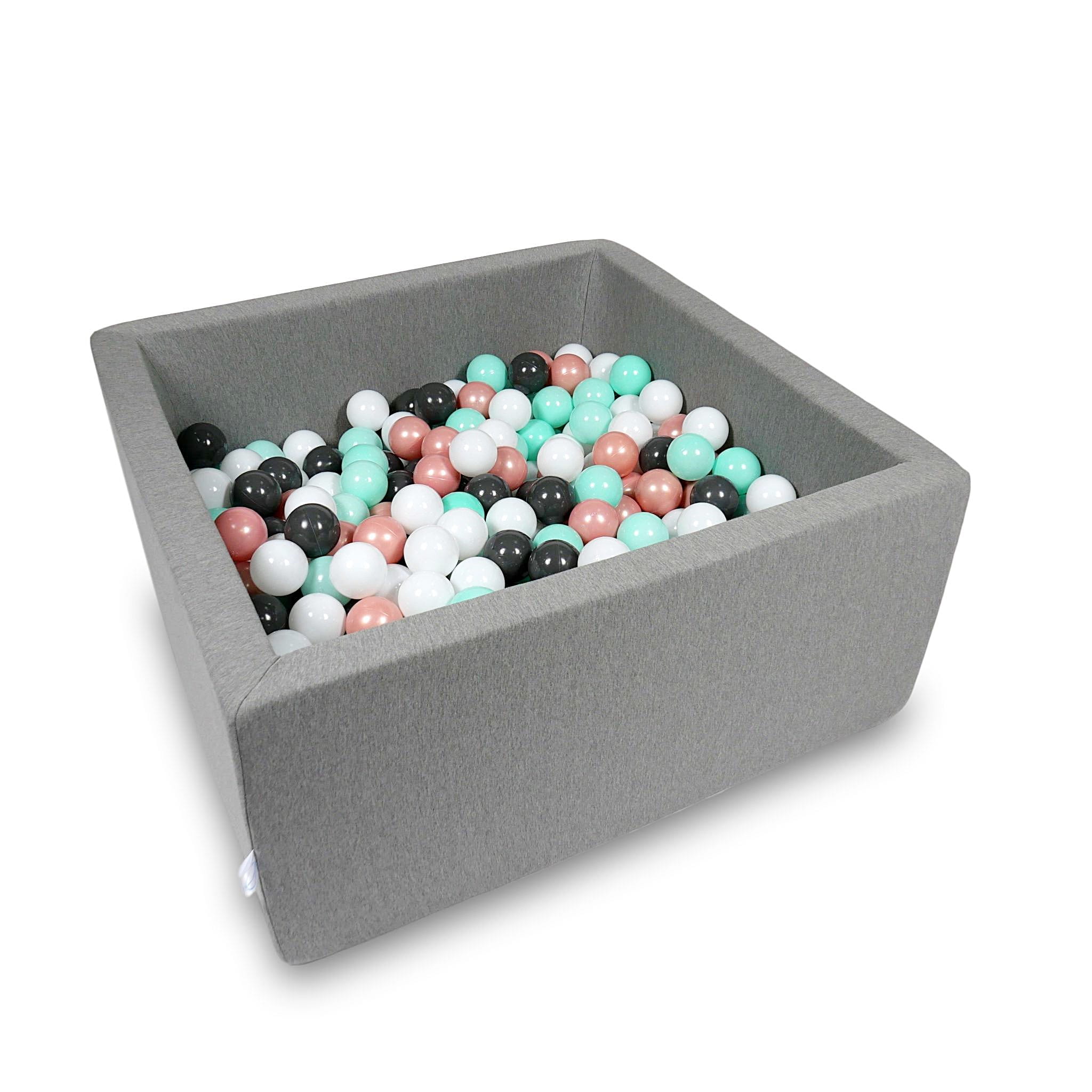 Ball Pit 90x90x40cm gray with balls 400pcs: white, rosegold, light mint, graphite Bubblepools.eu