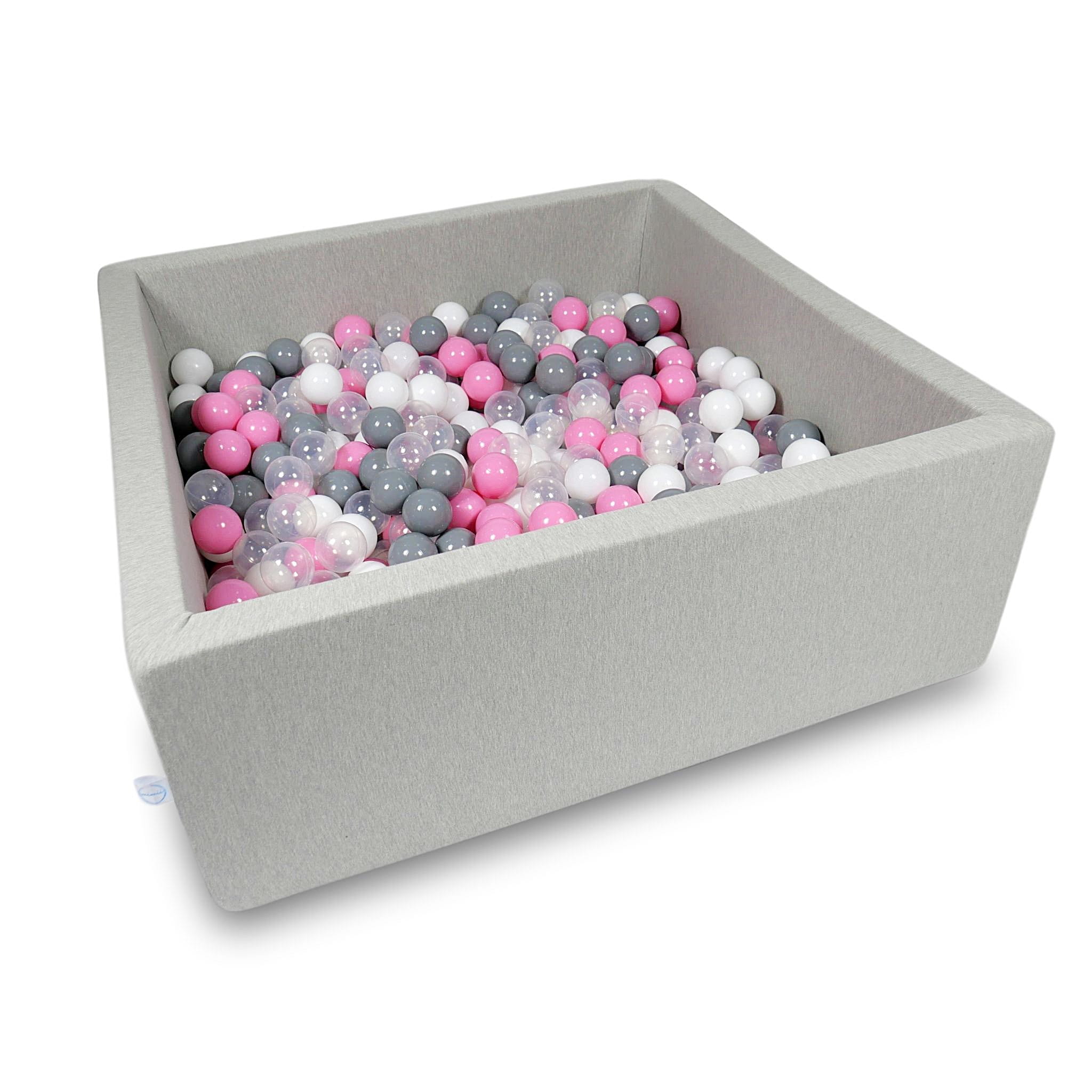 Ball Pit 110x110x40cm light gray with balls 600pcs: transparent, white, gray, powder pink Bubblepools.eu