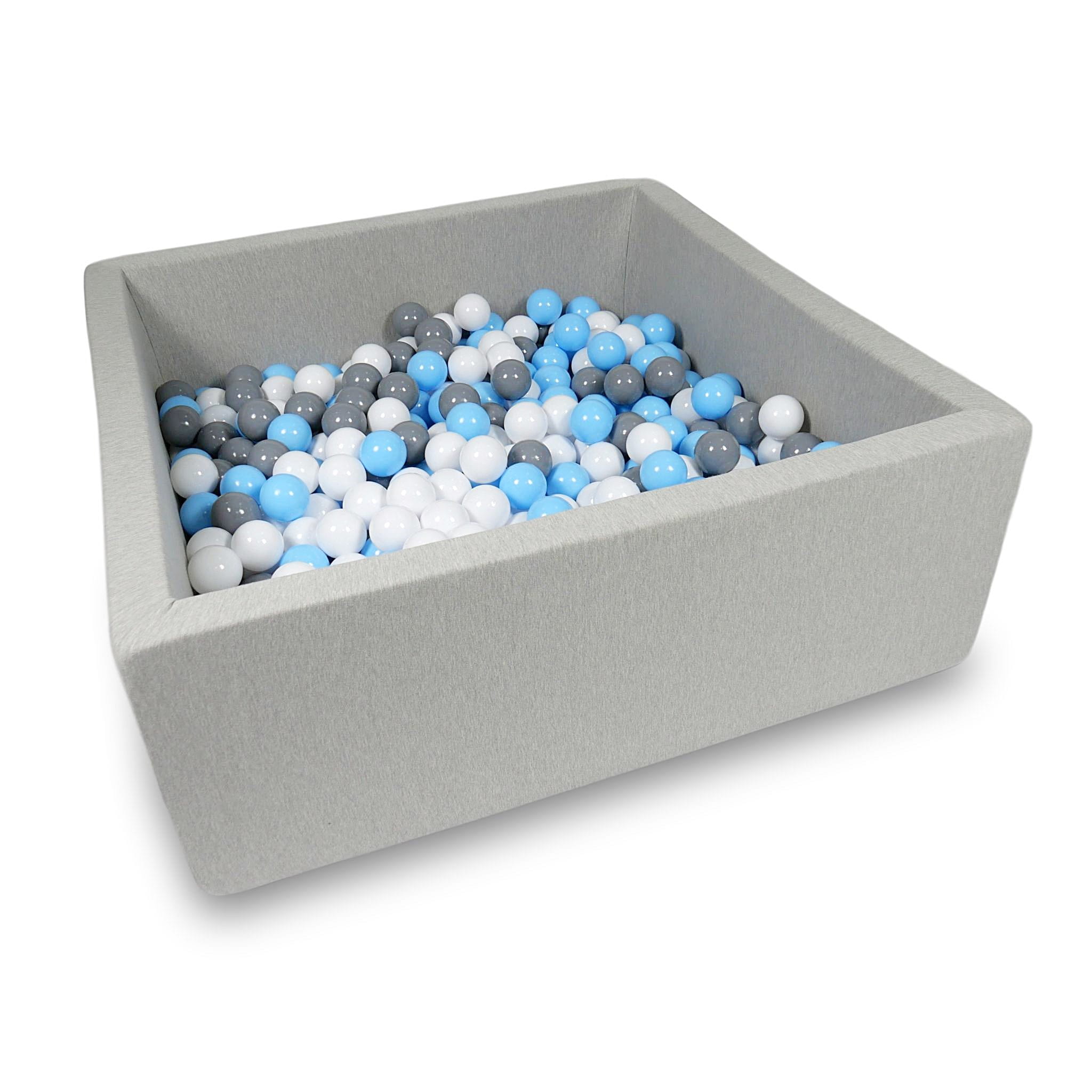 Ball Pit 110x110x40cm light gray with balls 600pcs: baby blue, white, gray Bubblepools.eu