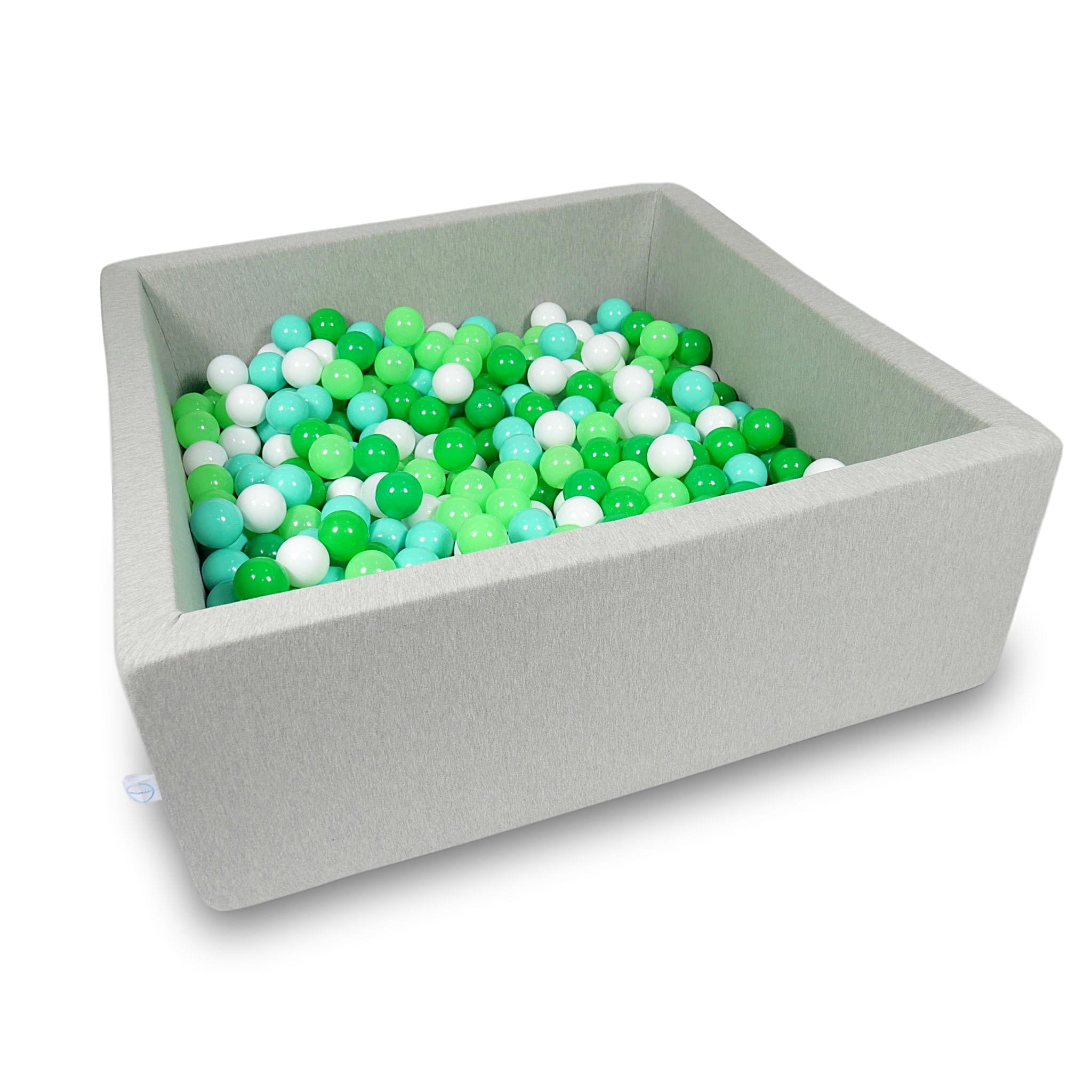 Ball Pit 110x110x40cm light gray with balls 600pcs: white, celadon, mint, green Bubblepools.eu