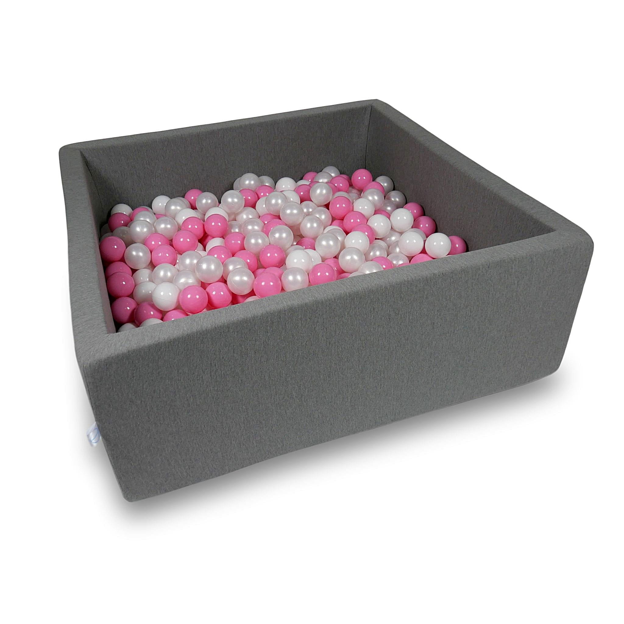 Ball Pit 110x110x40cm gray with balls 600pcs: white, pearl, powder pink Bubblepools.eu
