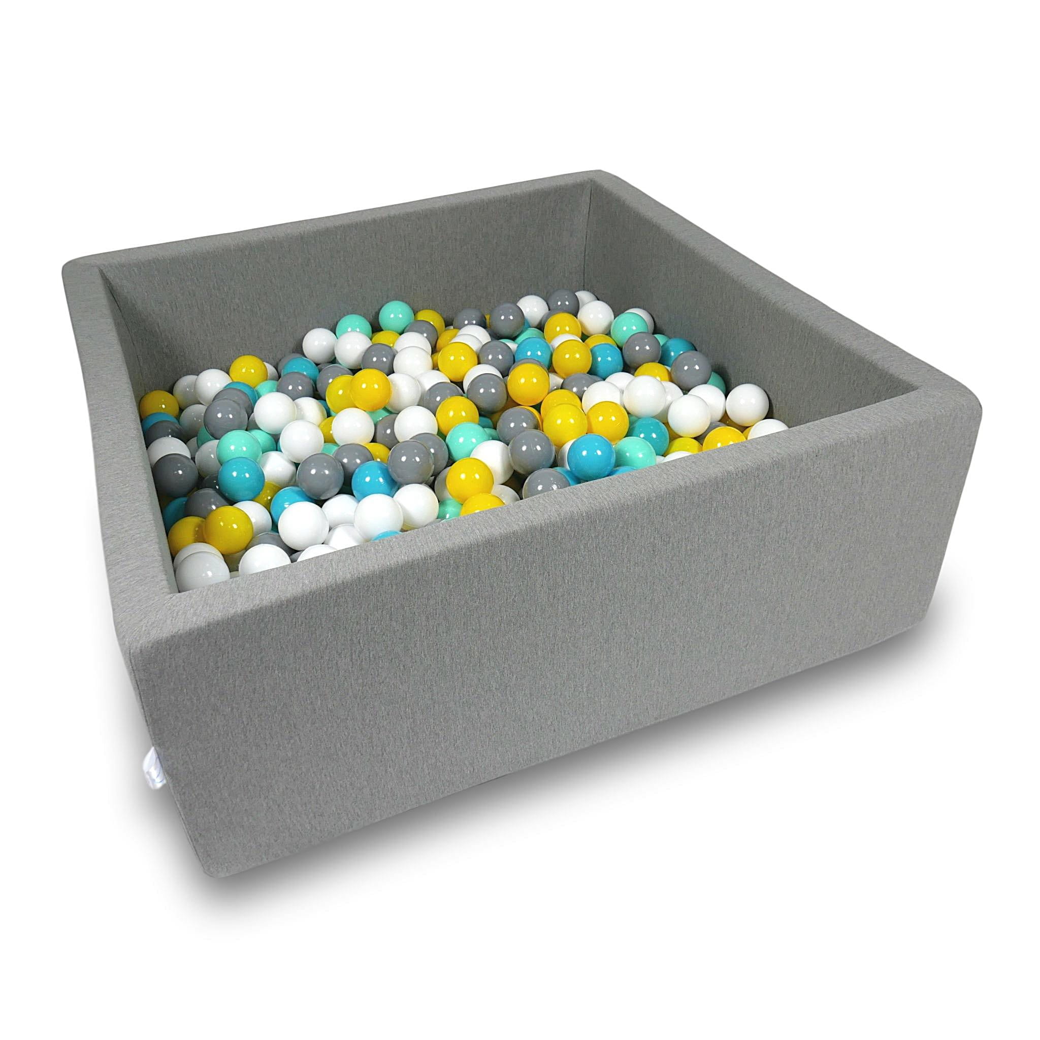 Ball Pit 110x110x40cm gray with balls 600pcs: white, gray, turquoise, yellow, mint Bubblepools.eu