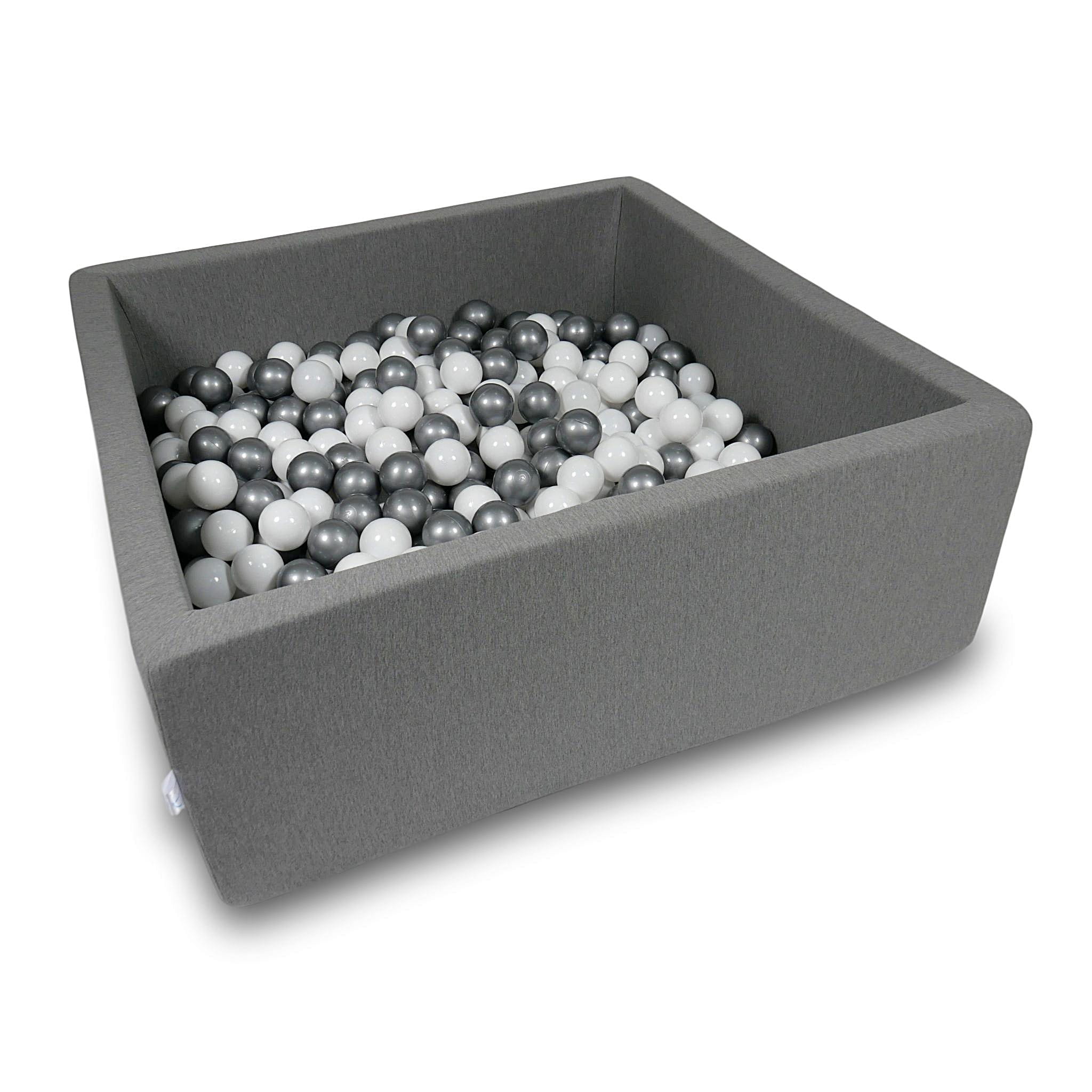 Ball Pit 110x110x40cm gray with balls 600pcs: white, silver Bubblepools.eu