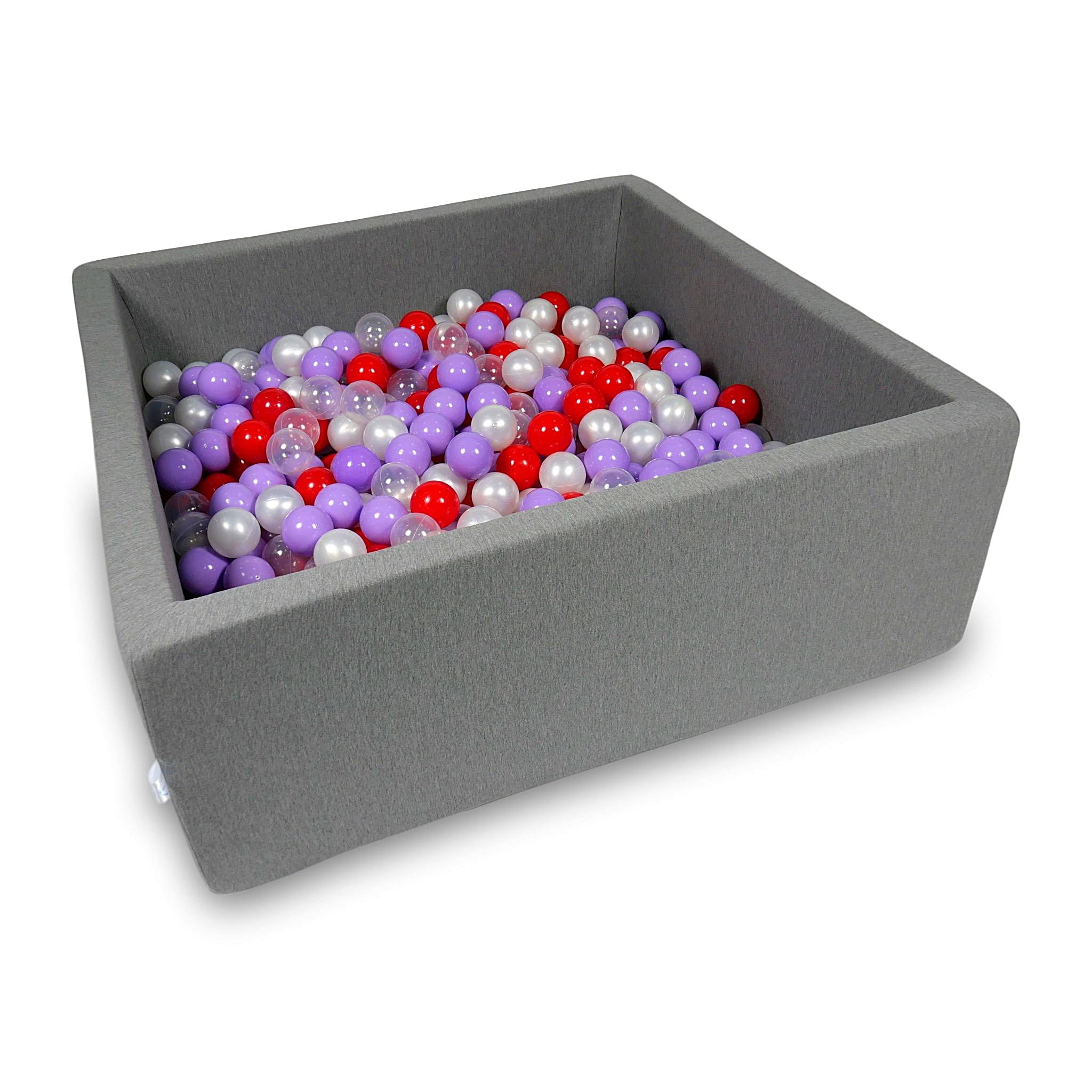 Ball Pit 110x110x40cm gray with balls 600pcs: transparent, pearl, heather, red Bubblepools.eu