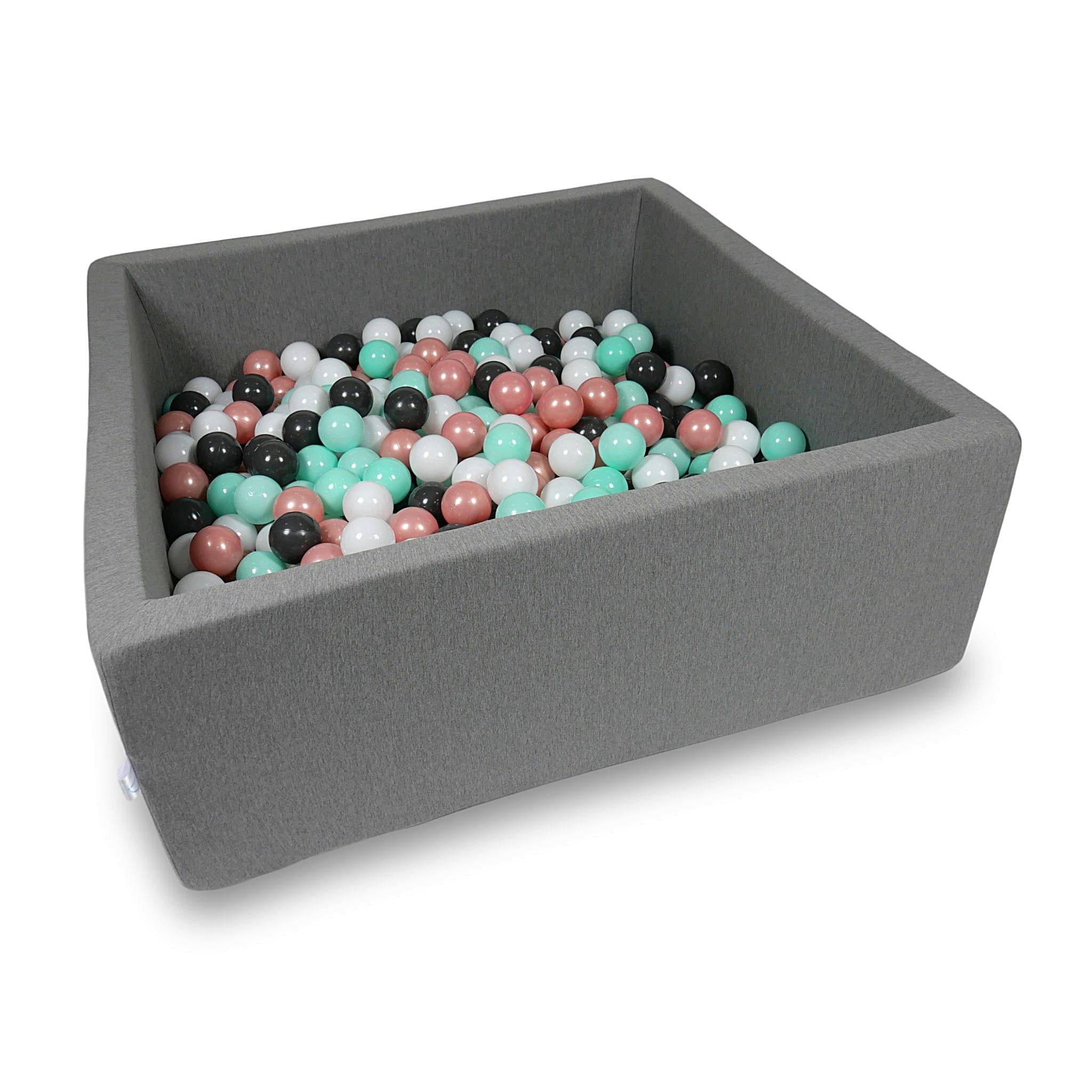 Ball Pit 110x110x40cm gray with balls 600pcs: white, rosegold, light mint, graphite Bubblepools.eu
