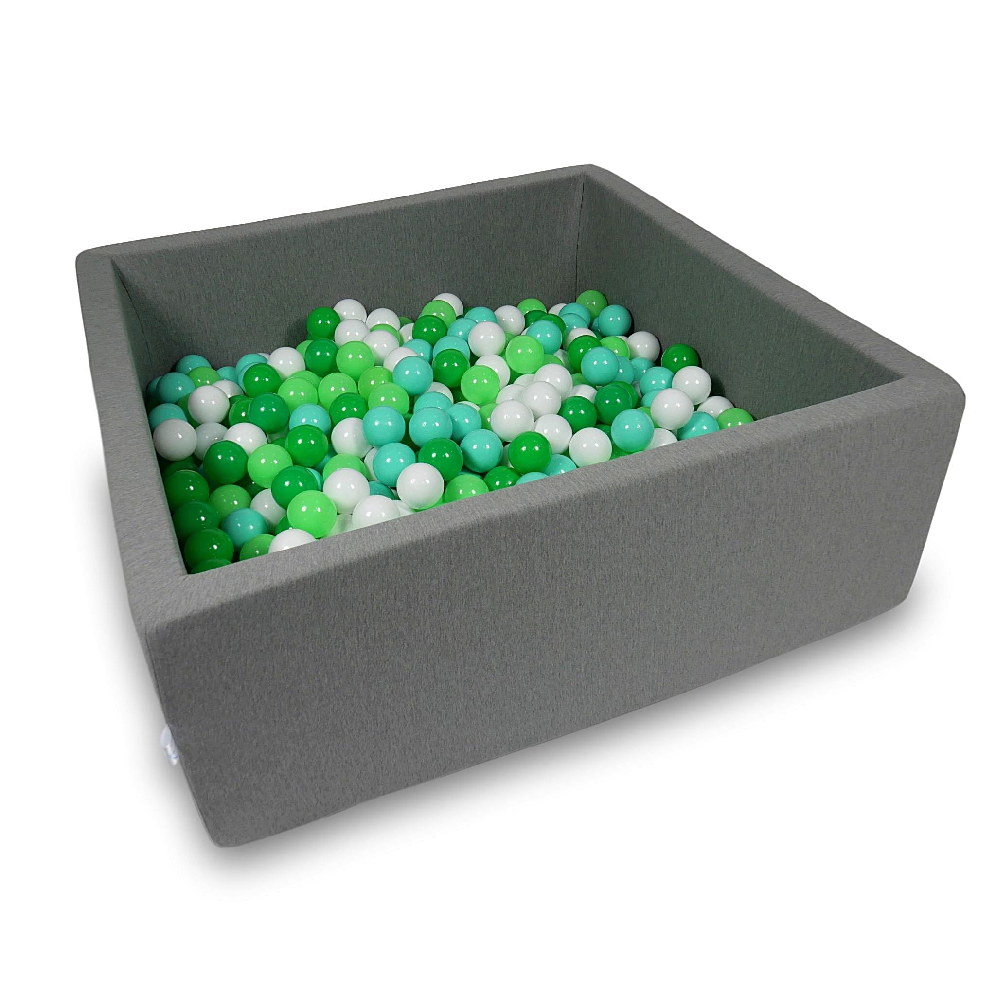 Ball Pit 110x110x40cm gray with balls 600pcs: white, celadon, mint, green Bubblepools.eu