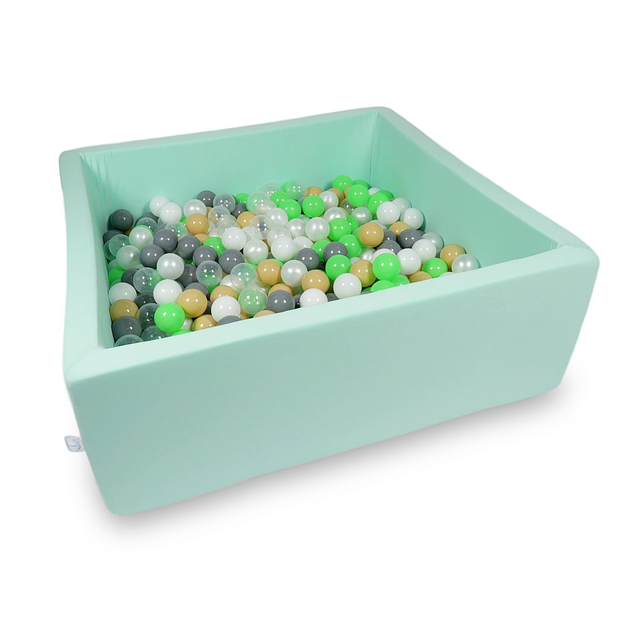 Ball Pit 110x110x40cm mint with balls 600pcs: celadon, white, transparent, pearl, beige, gray Bubblepools.eu