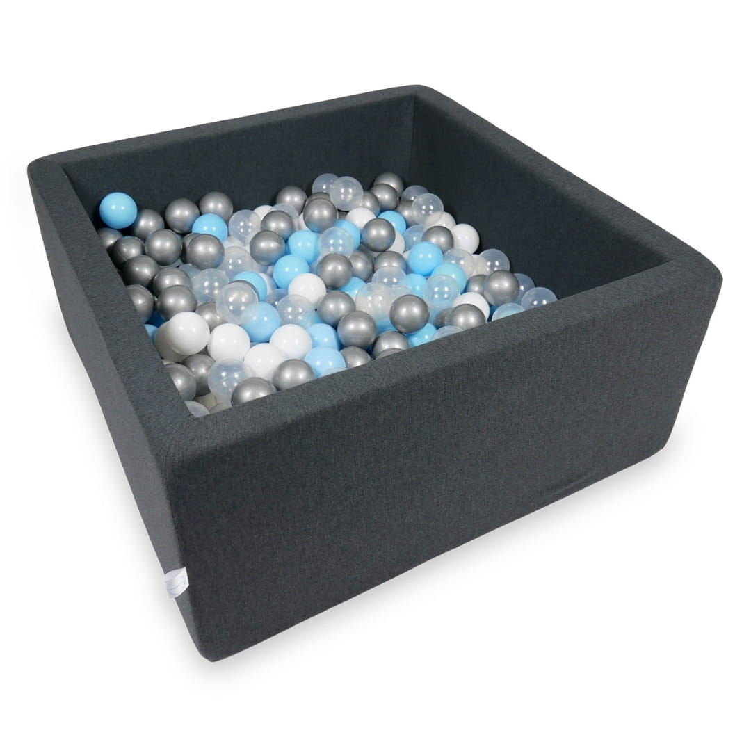 Ball Pit 90x90x40cm graphite with balls 400pcs: baby blue, silver, transparent, white Bubblepools.eu