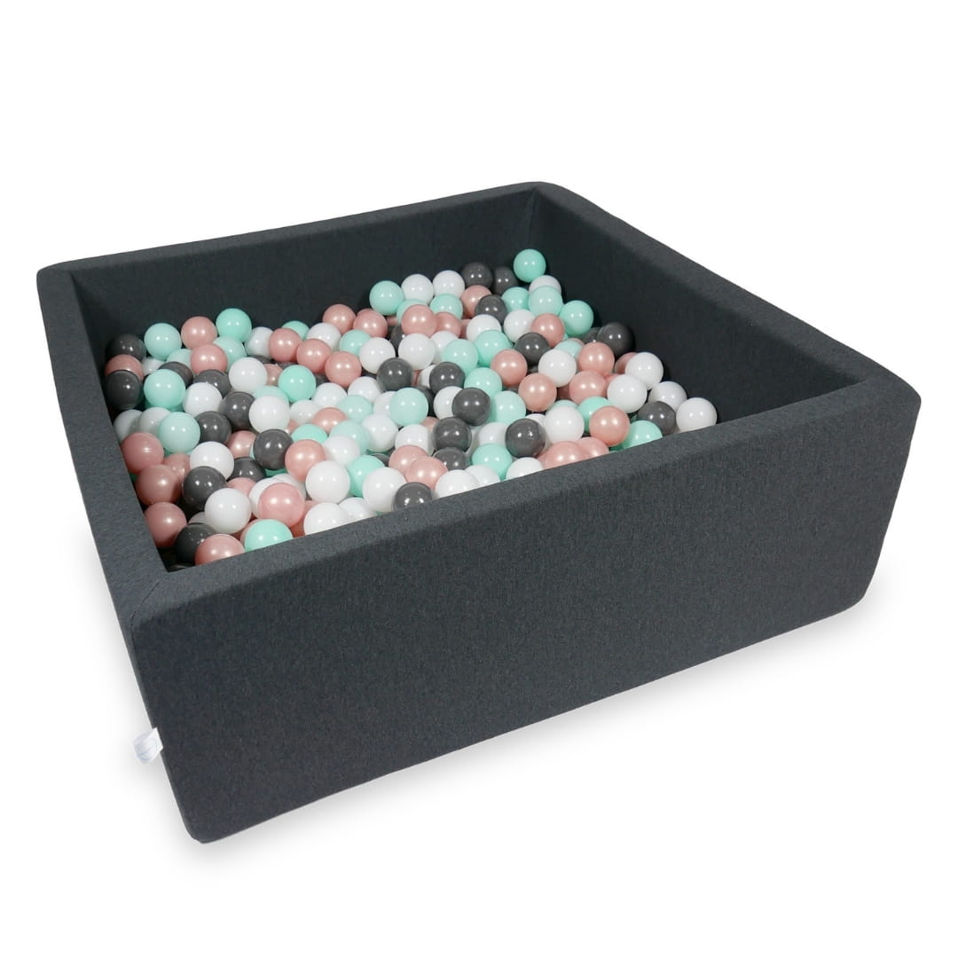 Ball Pit 110x110x40cm graphite with balls 600pcs: white, rosegold, light mint, graphite Bubblepools.eu