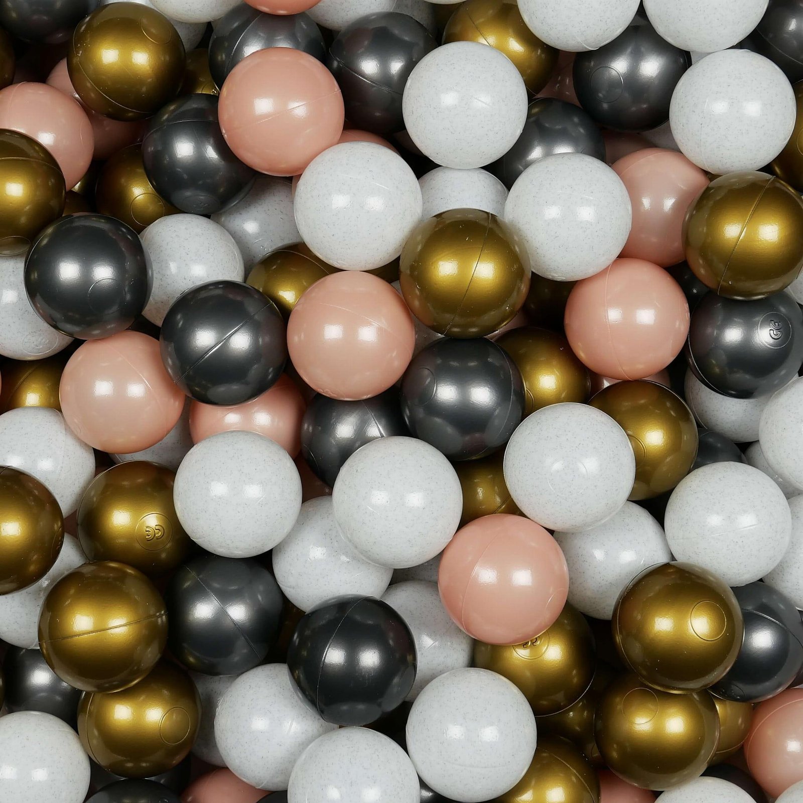 Balls for ballpit ø7cm 400pcs wooly white, metallic graphite, rosegold, old gold Bubblepools.eu